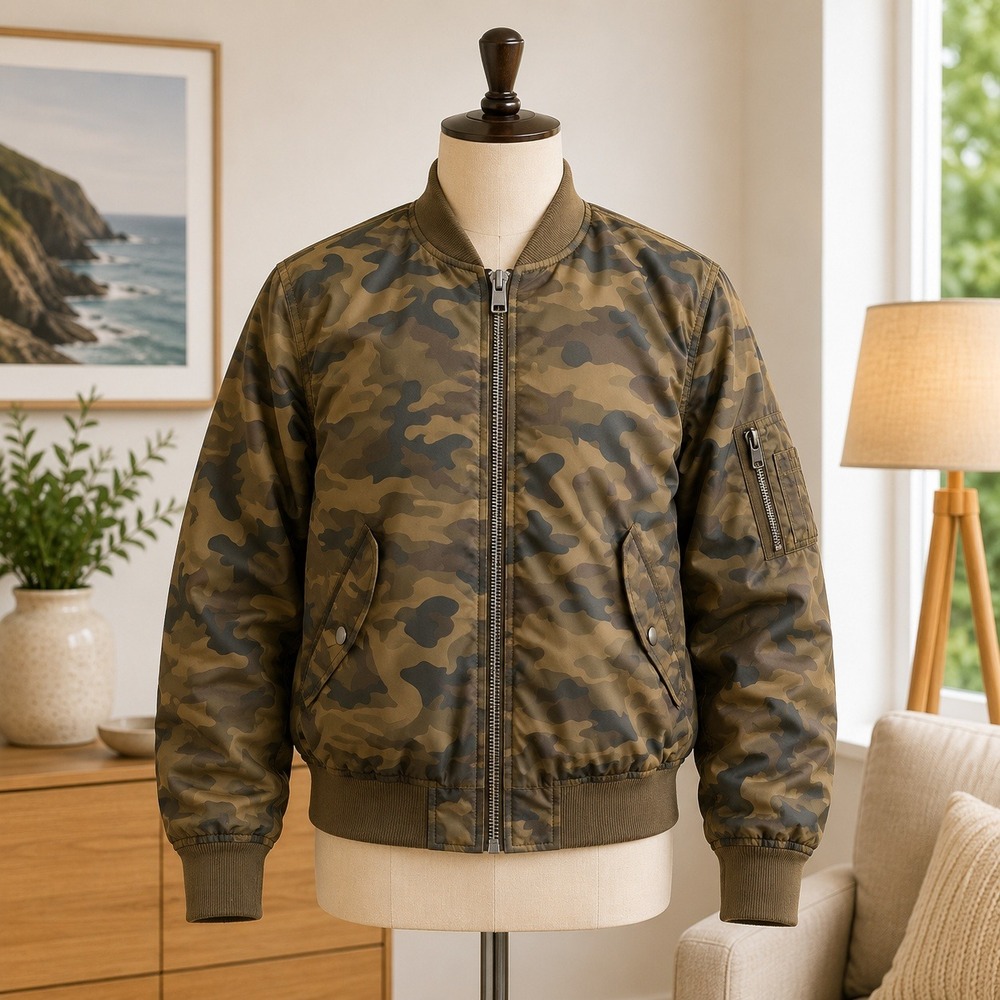 Xhilaration Bomber Jacket Womens Large Green Camo Full Zip Quilted Lined Casual